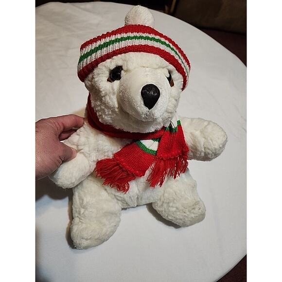 Plush Polar Bear Detachable Red Taboggan Scarf 14" White No Tag Details - Picture 1 of 13